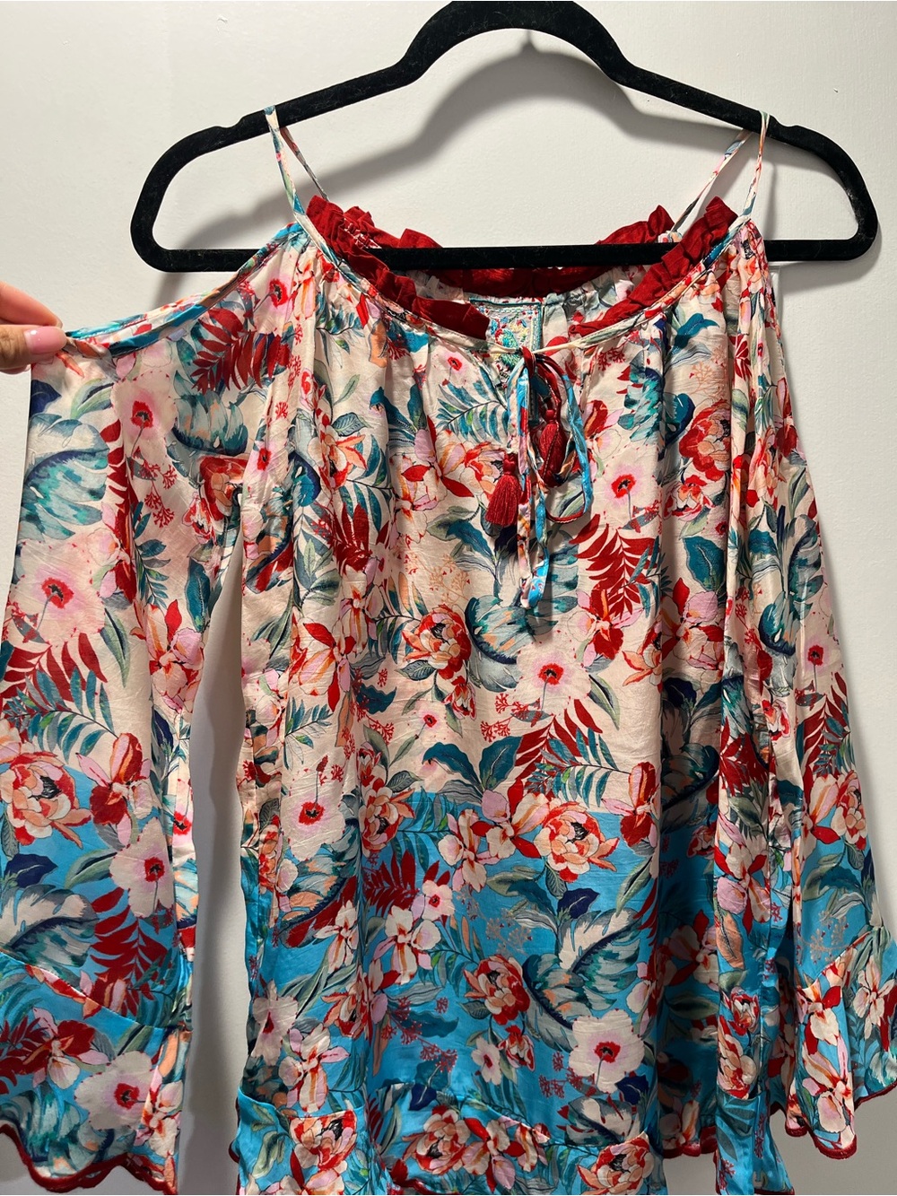 Johnny Was Floral Off-Shoulder Tie-Front Tunic in Teal & Red NWT